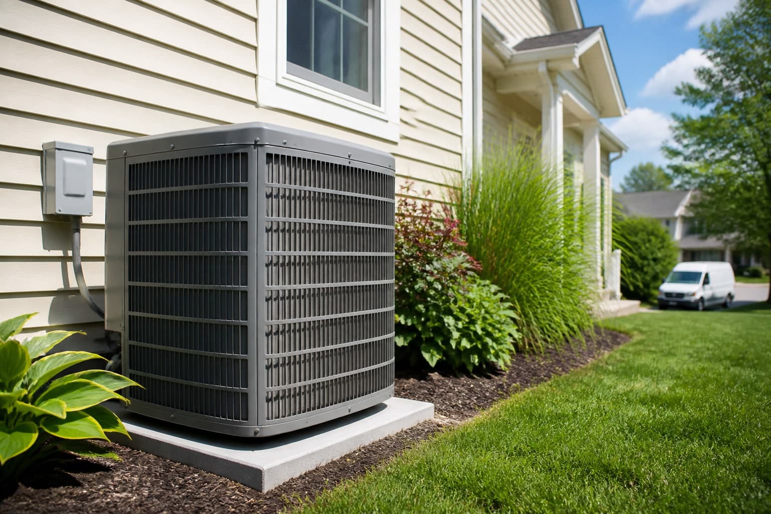 Residential outdoor AC condenser on a sunny suburban jobsite